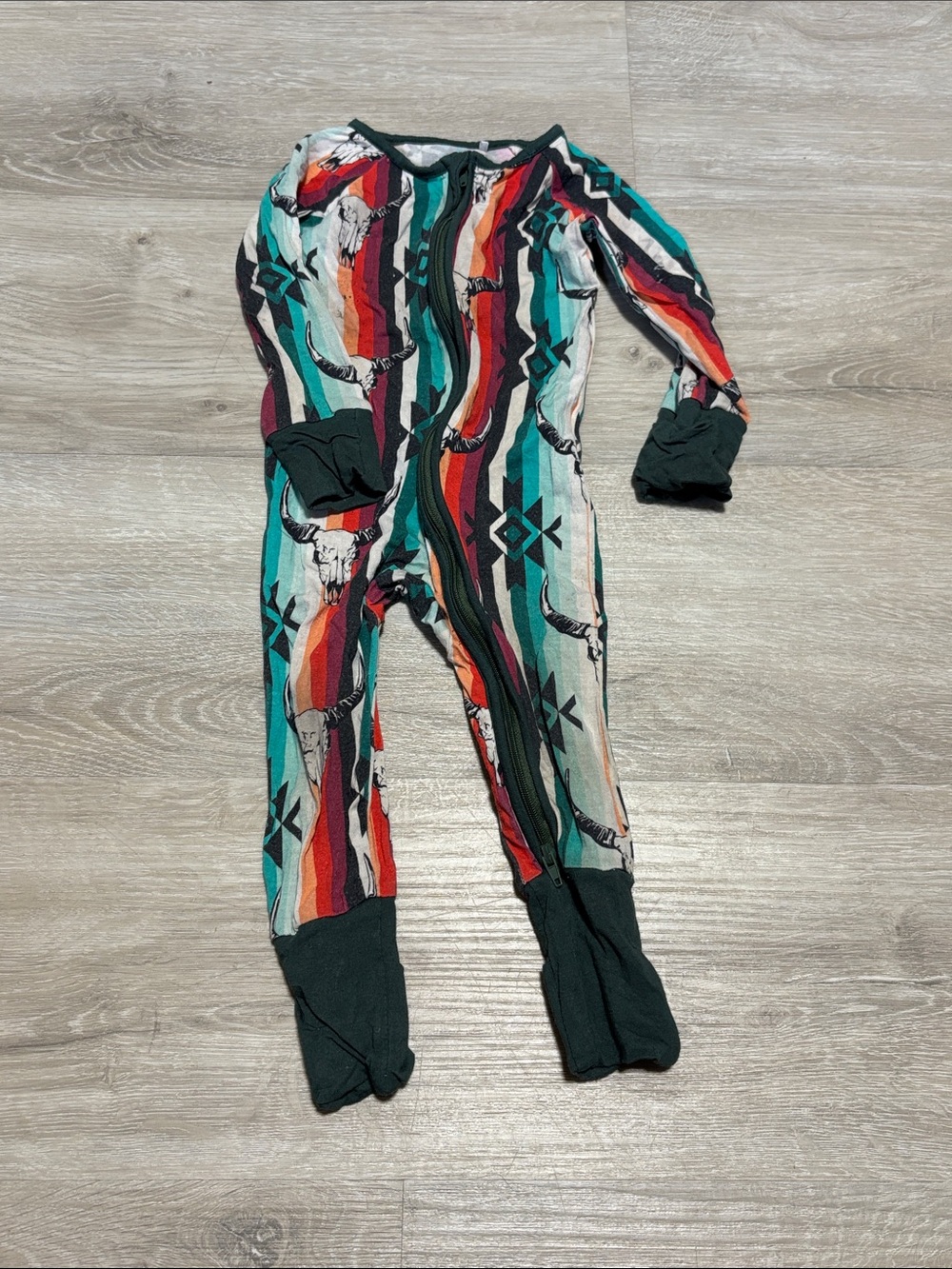 Moizing bamboo One-Piece Footed Pajama in Teal, Red & Cream Southwestern Stripe